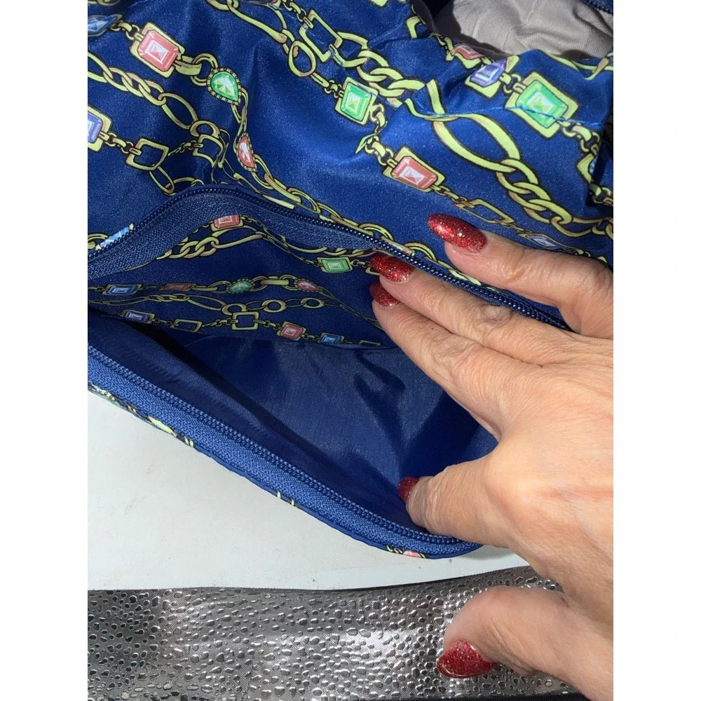 Blue Gemstone and Gold Chain Print Drawstring Pouch Bag with Zipper Pocket